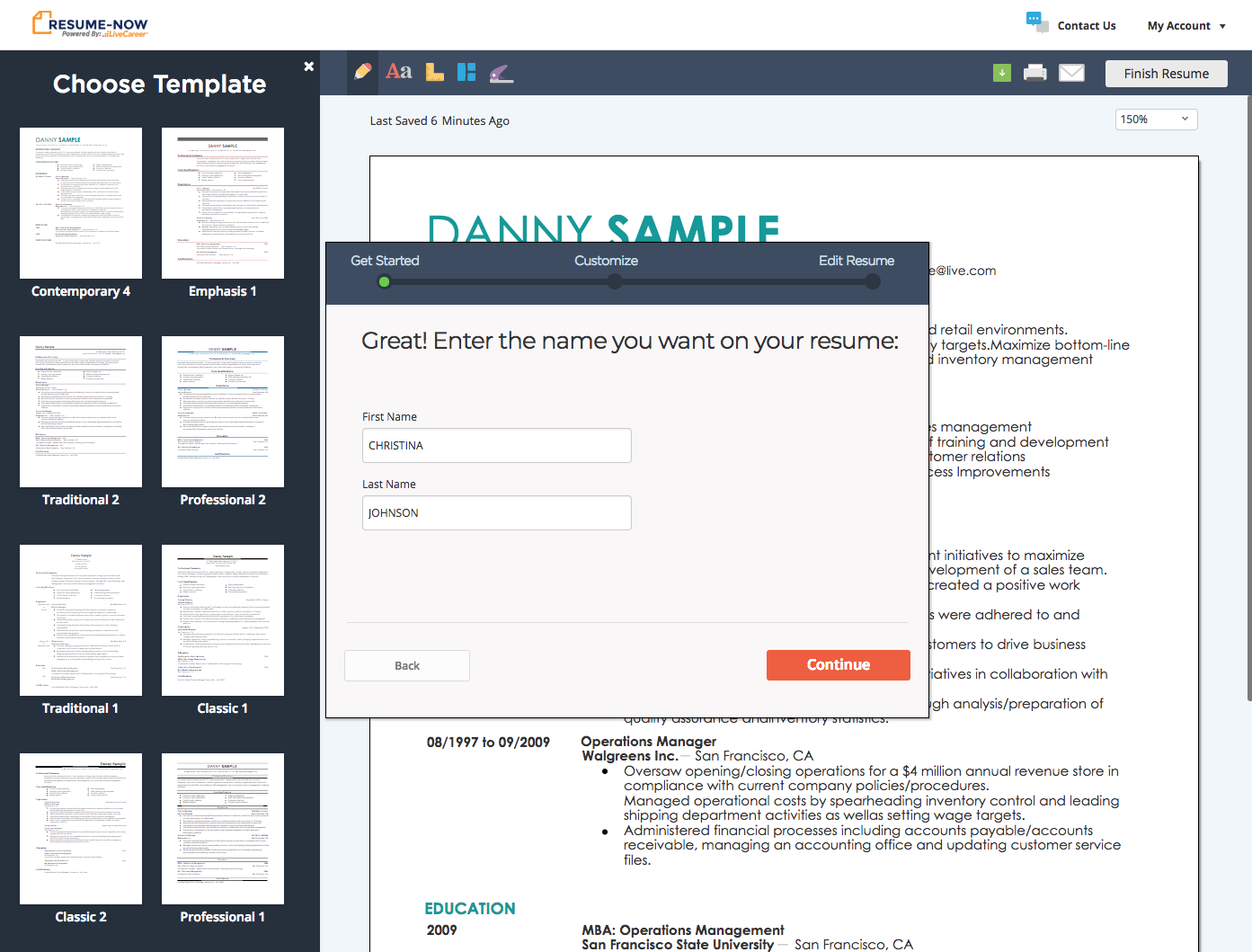 Original builder with modal overlay covering the resume