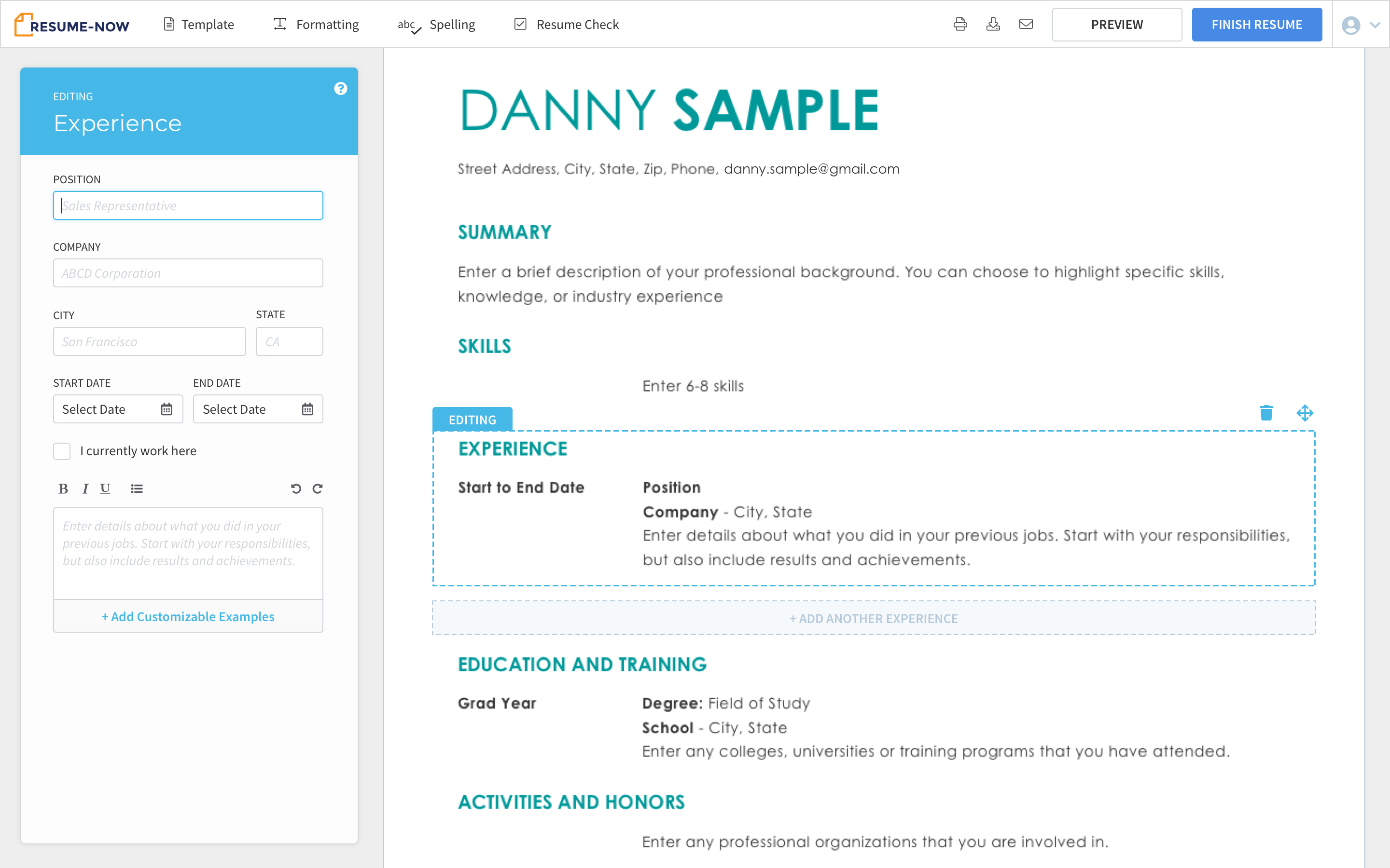 User clicking on resume section to begin editing it