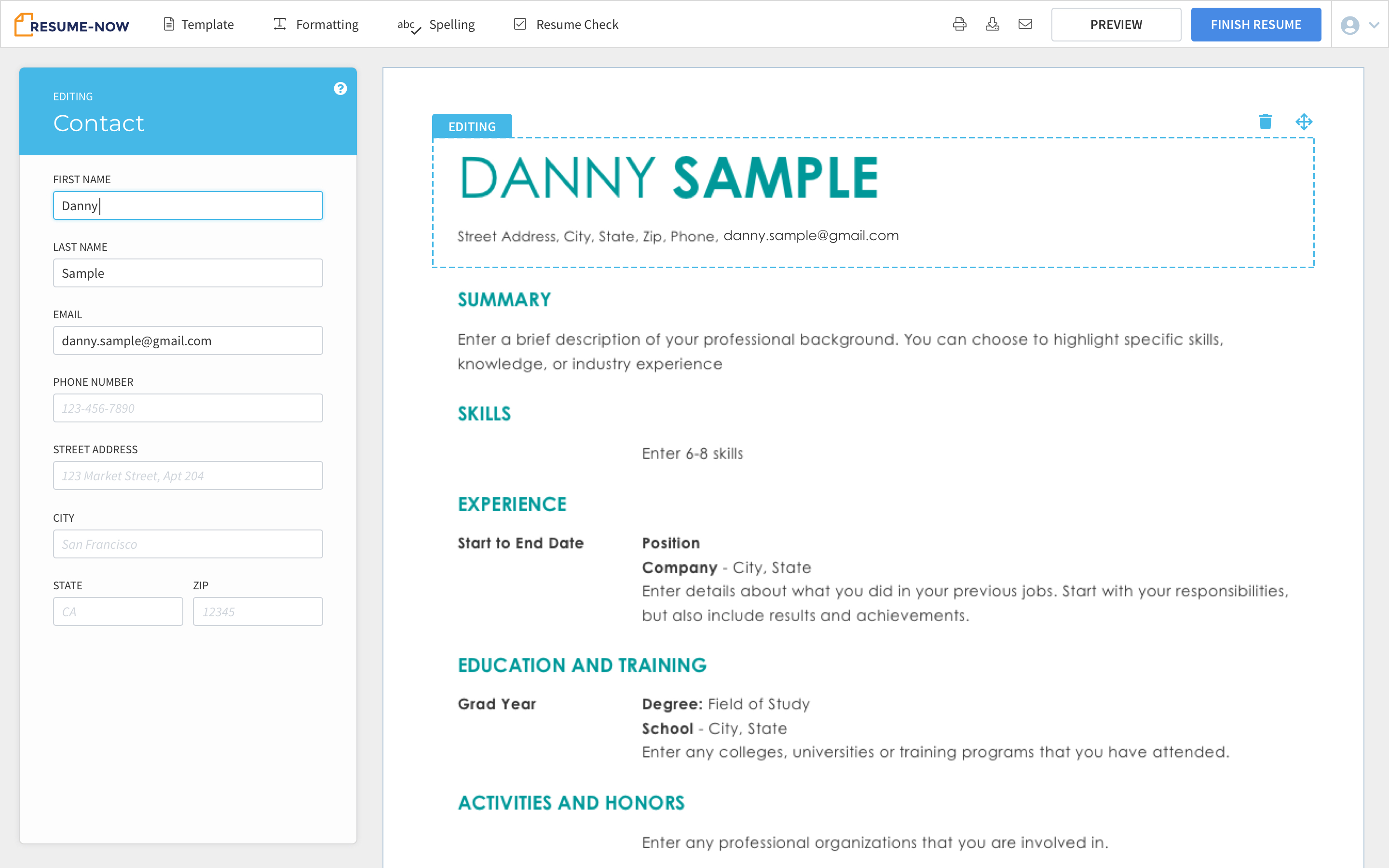 Side panel with live resume preview