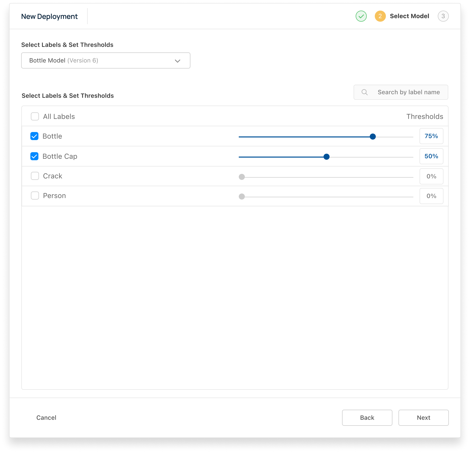Matroid deployment design label selector.