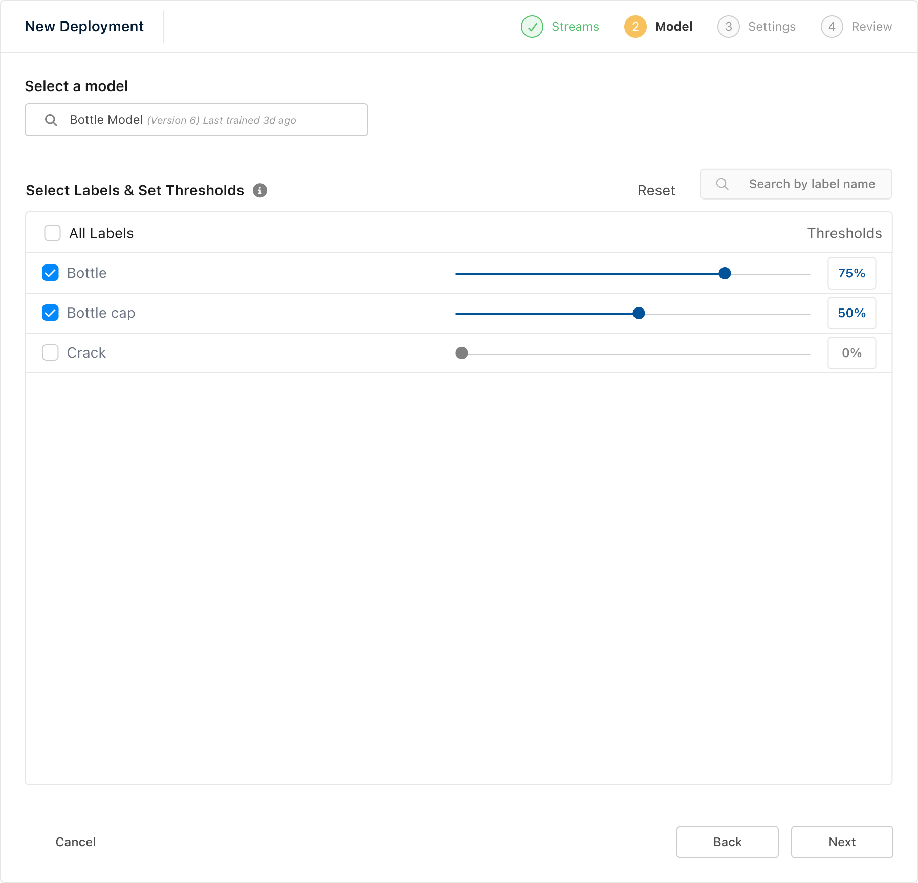 Matroid deployment design label selector.