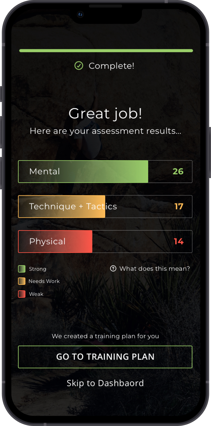 Climber mobile application assessment results design.